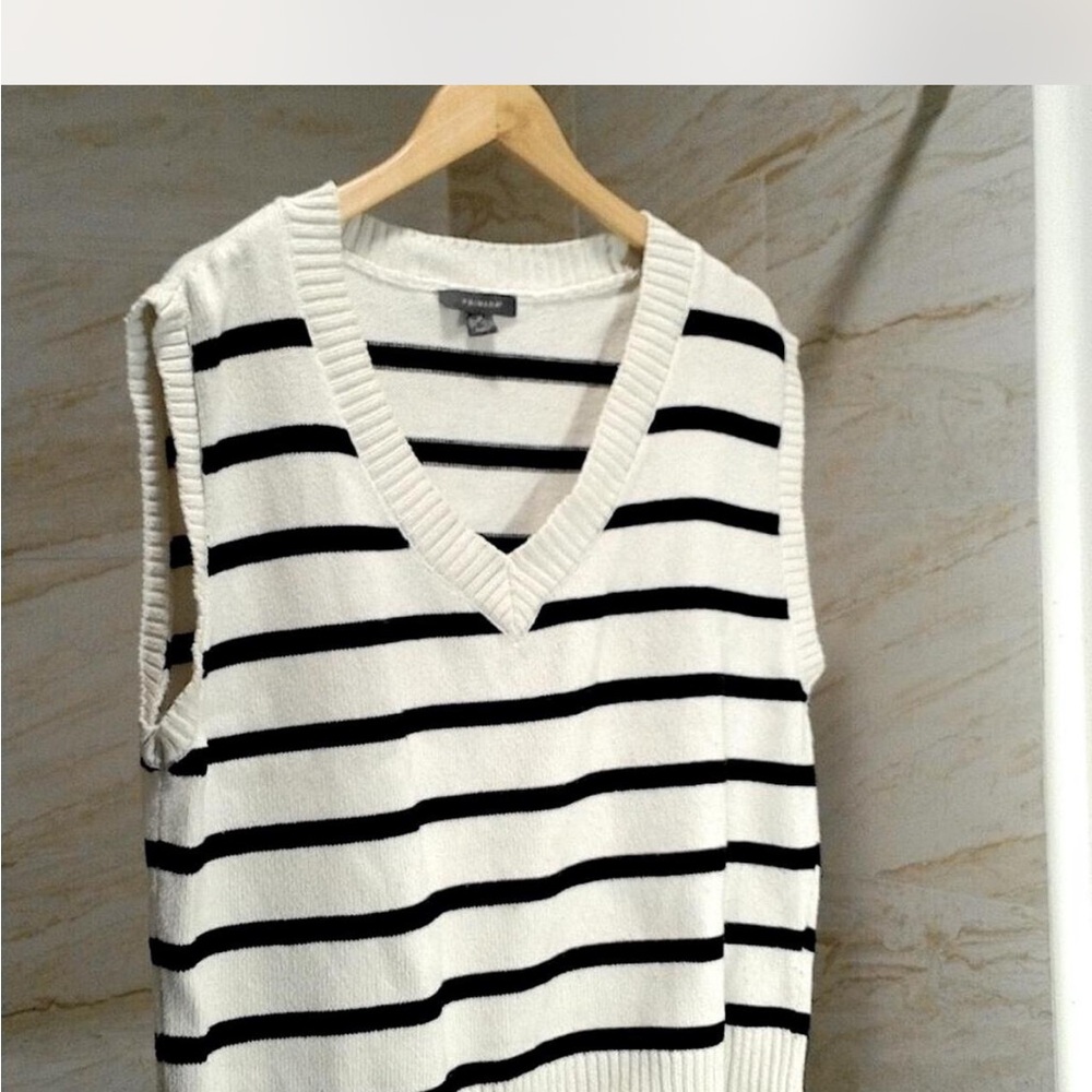 Primark V-Neck Black and White Striped Sweater Vest